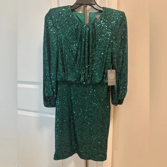 NWT Vince Camuto Emerald Green Sequins Long Sleeve Dress Size 2 - Picture 4 of 4